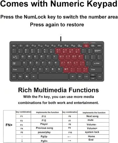 Small Wired Keyboard for Mac (USB C Interface) -Mini Save Space, 78-Key Layout with 14 Media Hotkeys, Type C Slim Compact USB C Keyboard for MacBook, Mac mini/Pro, i-Pad, i-Phone Laptop-Black in Saudi Arabia