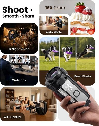 5K Video Camera Camcorder, 64MP Video Cameras for Filming with 3" 270° Rotatable Touch Screen, 16X Zoom Digital Camera with IR Night Vision, WiFi & Webcam, 32GB Card + 2 Batteries + Mic Included in Saudi Arabia