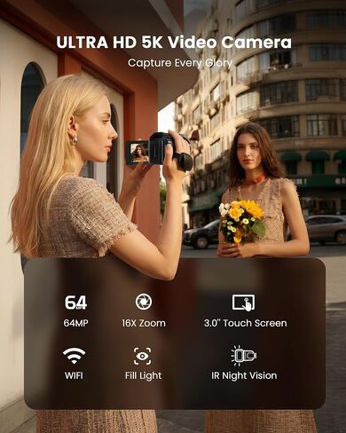5K Video Camera Camcorder, 64MP Video Cameras for Filming with 3" 270° Rotatable Touch Screen, 16X Zoom Digital Camera with IR Night Vision, WiFi & Webcam, 32GB Card + 2 Batteries + Mic Included in Saudi Arabia