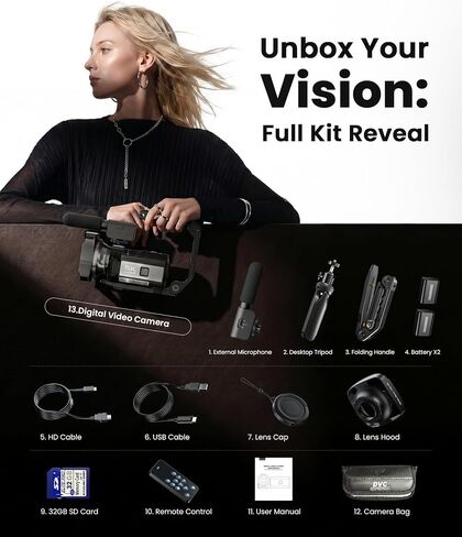 5K Video Camera Camcorder, 64MP Video Cameras for Filming with 3" 270° Rotatable Touch Screen, 16X Zoom Digital Camera with IR Night Vision, WiFi & Webcam, 32GB Card + 2 Batteries + Mic Included in Saudi Arabia