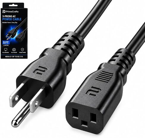 3 Prong AC Power Cord 5 FT/1.5M - NEMA 5-15P to IEC C13 - Computer PC Cable in Saudi Arabia