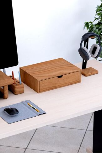 Desna Single-Tier Single-Drawer Cabinet & Monitor Stand - Cherry Wood | Desktop Organizer for Office Supplies, Documents, Makeup | Solid Cherry Wood and Birch Plywood | 13.4 x 9.8 x 3.8 inches in Saudi Arabia