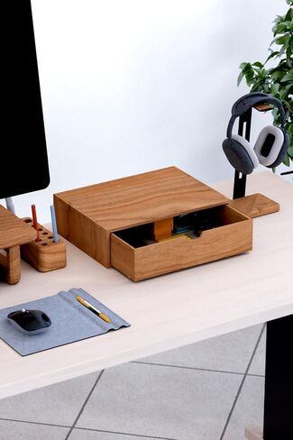 Desna Single-Tier Single-Drawer Cabinet & Monitor Stand - Cherry Wood | Desktop Organizer for Office Supplies, Documents, Makeup | Solid Cherry Wood and Birch Plywood | 13.4 x 9.8 x 3.8 inches in Saudi Arabia
