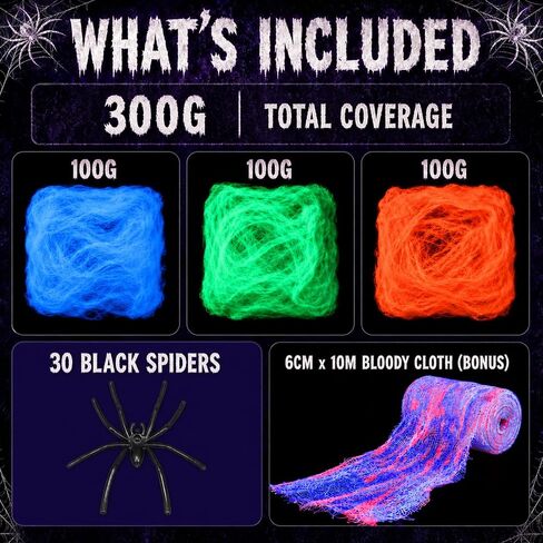 Mega-L Halloween Glow Spider Webs 3 Colors 300g with 30 Small Spiders in Saudi Arabia