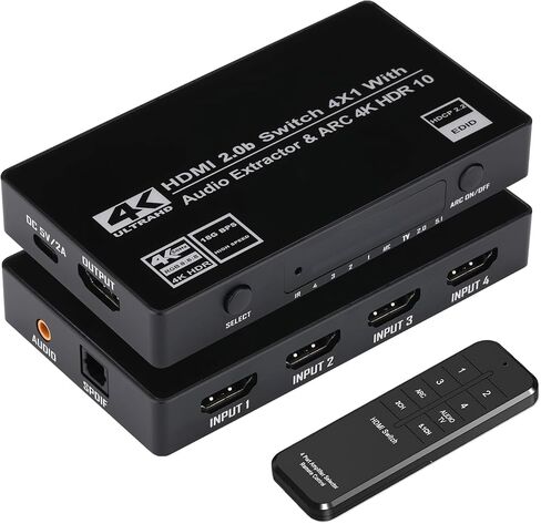 HDMI Switch 4x1 with Audio Extractor, 4K@60Hz Ultra HD HDMI Switcher with Optical TOSLINK SPDIF, 3.5mm Audio Support ARC Function, 3D, 1080P @120Hz, 4Kx2k @60Hz HDTV (IR Remote Control) in Saudi Arabia