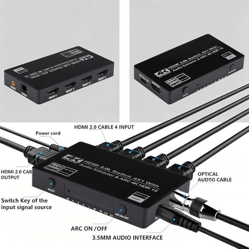 HDMI Switch 4x1 with Audio Extractor, 4K@60Hz Ultra HD HDMI Switcher with Optical TOSLINK SPDIF, 3.5mm Audio Support ARC Function, 3D, 1080P @120Hz, 4Kx2k @60Hz HDTV (IR Remote Control) in Saudi Arabia