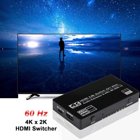 HDMI Switch 4x1 with Audio Extractor, 4K@60Hz Ultra HD HDMI Switcher with Optical TOSLINK SPDIF, 3.5mm Audio Support ARC Function, 3D, 1080P @120Hz, 4Kx2k @60Hz HDTV (IR Remote Control) in Saudi Arabia