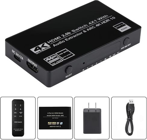 HDMI Switch 4x1 with Audio Extractor, 4K@60Hz Ultra HD HDMI Switcher with Optical TOSLINK SPDIF, 3.5mm Audio Support ARC Function, 3D, 1080P @120Hz, 4Kx2k @60Hz HDTV (IR Remote Control) in Saudi Arabia