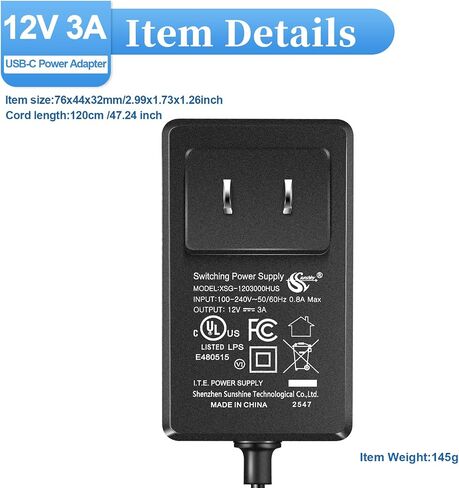 12V 3A USB-C Power Supply | Universal Charger for MeLE Mini PC, AVAPOW Jump Starter & Compatible with 12V 2A/12V 1A Devices | UL Standard Wall Mount Charger, 120cm (47.24in) Cord in Saudi Arabia