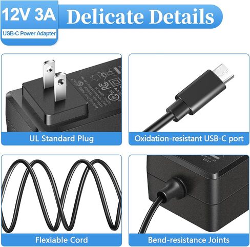 12V 3A USB-C Power Supply | Universal Charger for MeLE Mini PC, AVAPOW Jump Starter & Compatible with 12V 2A/12V 1A Devices | UL Standard Wall Mount Charger, 120cm (47.24in) Cord in Saudi Arabia