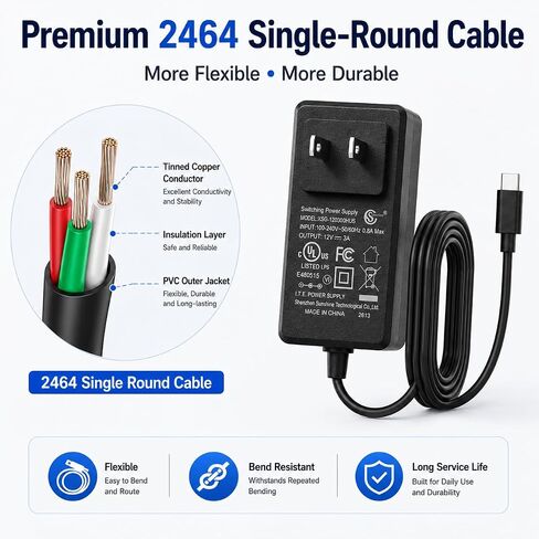 12V 3A USB-C Power Supply | Universal Charger for MeLE Mini PC, AVAPOW Jump Starter & Compatible with 12V 2A/12V 1A Devices | UL Standard Wall Mount Charger, 120cm (47.24in) Cord in Saudi Arabia
