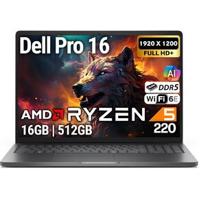 Dell Pro 16 FHD 16" Display Business Laptop, AMD Ryzen 5 220, 16GB DDR5 RAM, 512GB SSD PCIe, Backlit Keyboard, WiFi 6E + BT, RJ-45, HDMI, AI PC, HD Webcam, Windows 11 Pro - Magnetite Black in Saudi Arabia