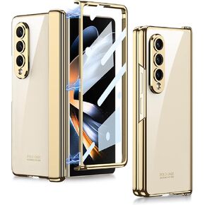 Transparent Plating Case for Samsung Galaxy Z Fold 4 Case with Screen Protector and Magnetic Hinge Protective,Full Protective Shockproof Anti-Yellow Crystal Clear Cover for Samsung Z Fold 4 (Gold) in Saudi Arabia