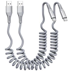 كابل USB C ملفوف، سلك شاحن سيارة USB A إلى USB C، عبوتان بطول 3 أقدام، رمادي in Kuwait