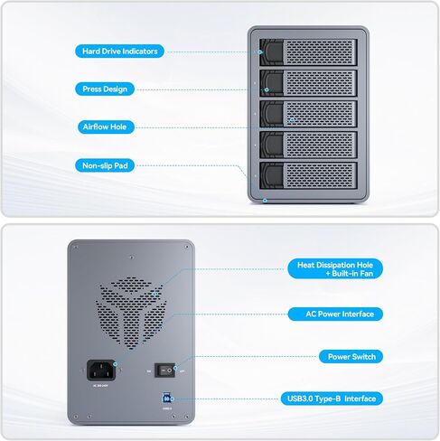 Yottamaster 5 Bay External Hard Drive Enclosure , Aluminum 150W USB3.0 3.5" HDD Enclosure for 3.5 & 2.5 Inch SATA HDD/SSD, Support 120TB(5x24TB) Direct Attached Storage DAS, Non-RAID [FS5U3] in Saudi Arabia