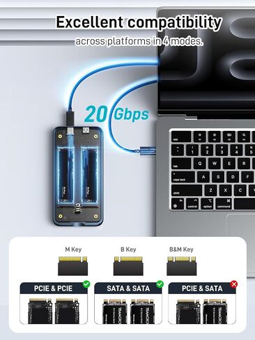 Dual Bay Raid SSD Enclosure: 2280 M2 Hard Drive Enclosure with Clone Mode & Raid 0/1 & JBOD Mode, 20Gbps Compatible to PCIe NVMe Harddrive Cloning HDD, Offline Duplicator in Saudi Arabia