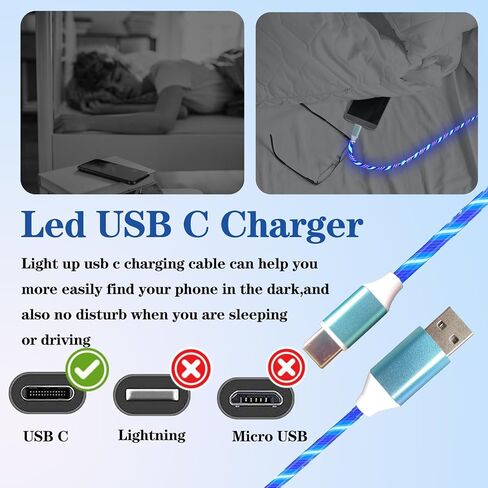 3 Pack Led USB C Charging Cable Light Up Type C Charger LED Light Up Fast USB-C to USB-A Charge Cord Compatible with Samsng Galaxy S23 S22 Plus Note 20 10 Pixel(6.6FT,Blue Colorful Green) in Saudi Arabia