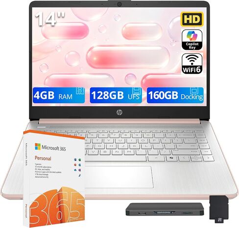 HP Flagship 14" HD Student&Business Laptop, 13th Gen Intel 4-Core, 4GB RAM, 288GB Storage (128GB UFS + 160GB Docking Station), 1 Year Office 365, AI Copilot, Wi-Fi 6, Win 11 S, Natural Silver in Saudi Arabia