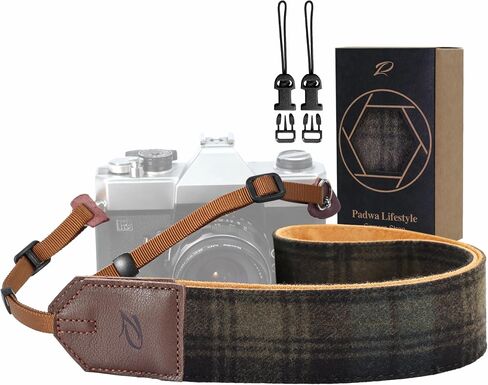 Padwa Lifestyle Camera Strap - 2" Full Grain Leather Ends Camera Straps for Photographers, Unique Vintage Cashmere and Soft Suede Fabric Padded Strap Quick Release fits All Cameras(Beige Coffee Check) in Saudi Arabia