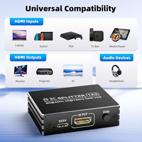BolAAzuL HDMI 2.1 Splitter 1 in 2 Out 4K 120Hz w/ 8K HDMI Cable & Power in Saudi Arabia