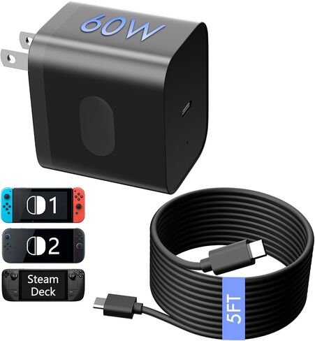 60W Charger with USB-C Fast Charger for Switch 2 - Support PD and QC 3.0,Extra Long 5FT Charging Cable, Support 4K TV Dock Mode,Replacement for Switch/iPhone/Laptop in Saudi Arabia