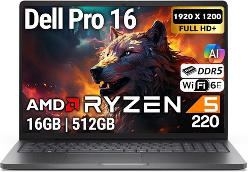 Dell Pro 16 FHD 16" Display Business Laptop, AMD Ryzen 5 220, 16GB DDR5 RAM, 512GB SSD PCIe, Backlit Keyboard, WiFi 6E + BT, RJ-45, HDMI, AI PC, HD Webcam, Windows 11 Pro - Magnetite Black in Saudi Arabia
