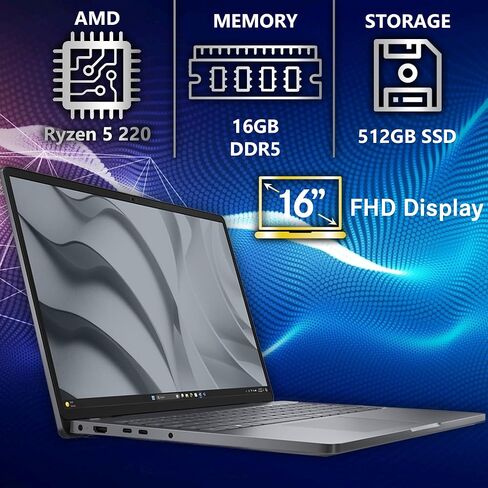 Dell Pro 16 FHD 16" Display Business Laptop, AMD Ryzen 5 220, 16GB DDR5 RAM, 512GB SSD PCIe, Backlit Keyboard, WiFi 6E + BT, RJ-45, HDMI, AI PC, HD Webcam, Windows 11 Pro - Magnetite Black in Saudi Arabia