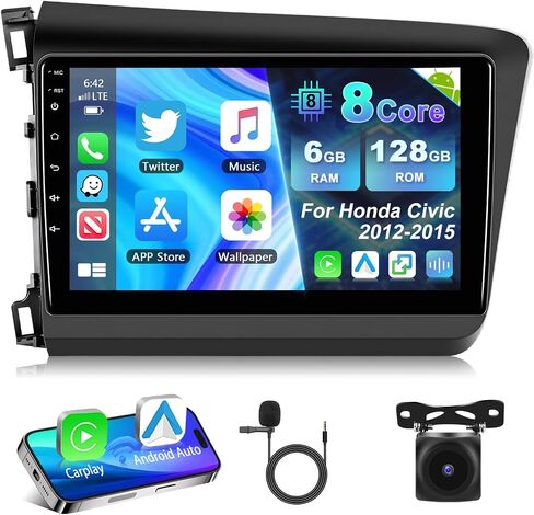 8 CORE 6G+128G 5GWiFi Upgrade Car Radio for Honda Civic 2012-2015 with Wireless Apple CarPlay/Android Auto, Podofo 9" 1280 * 720P IPS Touch Screen Stereo GPS Bluetooth DSP SWC + HD Backup Camera in Saudi Arabia