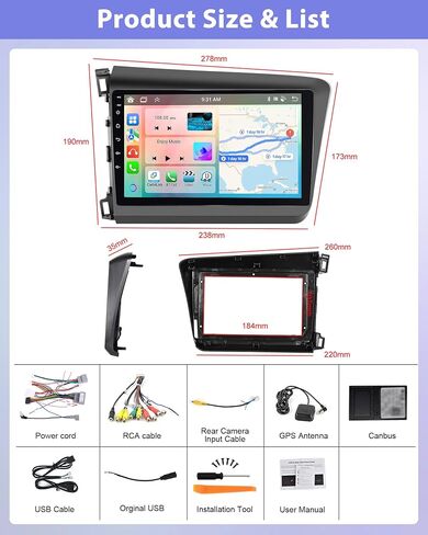 8 CORE 6G+128G 5GWiFi Upgrade Car Radio for Honda Civic 2012-2015 with Wireless Apple CarPlay/Android Auto, Podofo 9" 1280 * 720P IPS Touch Screen Stereo GPS Bluetooth DSP SWC + HD Backup Camera in Saudi Arabia