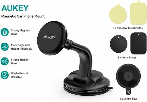 Magnetic Car Phone Mount, Black, ABS Plastic, Strong Suction Cup Base, Multi-Angle Adjustable, for Smartphones in Saudi Arabia