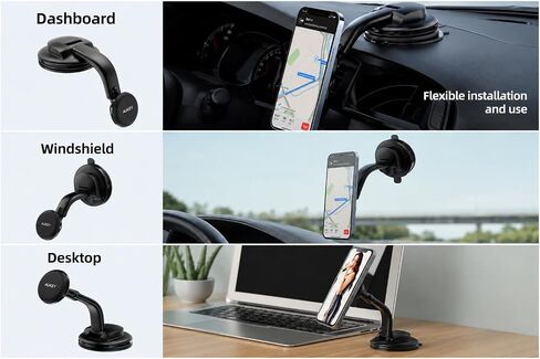 Magnetic Car Phone Mount, Black, ABS Plastic, Strong Suction Cup Base, Multi-Angle Adjustable, for Smartphones in Saudi Arabia