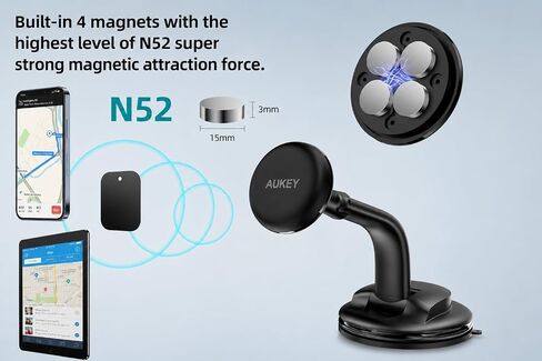 Magnetic Car Phone Mount, Black, ABS Plastic, Strong Suction Cup Base, Multi-Angle Adjustable, for Smartphones in Saudi Arabia