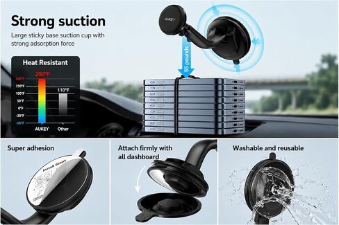 Magnetic Car Phone Mount, Black, ABS Plastic, Strong Suction Cup Base, Multi-Angle Adjustable, for Smartphones in Saudi Arabia