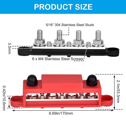 Bus Bar 12V 250A Power Distribution Block, 4 x 5/16" (M8) Stainless Steel Terminal Studs Busbar for Battery, Solar, RV, Boat, Automotive - Positive & Negative (Pair, Red & Black) in Saudi Arabia