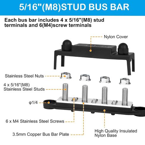 Bus Bar 12V 250A Power Distribution Block, 4 x 5/16" (M8) Stainless Steel Terminal Studs Busbar for Battery, Solar, RV, Boat, Automotive - Positive & Negative (Pair, Red & Black) in Saudi Arabia