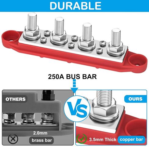 Bus Bar 12V 250A Power Distribution Block, 4 x 5/16" (M8) Stainless Steel Terminal Studs Busbar for Battery, Solar, RV, Boat, Automotive - Positive & Negative (Pair, Red & Black) in Saudi Arabia