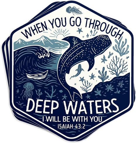 (3Pcs) When You Go Through Deep Waters Whale Shark Sticker 2" Bible Christian Faith Stickers Religious Waterproof Vinyl Sticker for Laptop, Water Bottle, Cars, Tumbler Decal Gifts for Her Him 2 Inches in Saudi Arabia