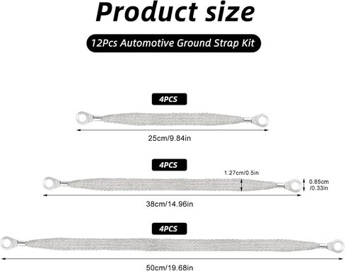 12PCS Automotive Ground Straps, 10/15/20 Inch Tinned Copper Braided Grounding Cable Straps with Ring Terminals, Universal Engine Vehicle Ground Wire Strap Kit for Most Cars (Silver) in Saudi Arabia