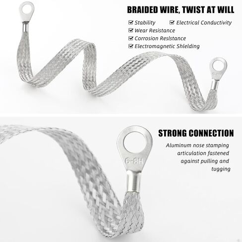 12PCS Automotive Ground Straps, 10/15/20 Inch Tinned Copper Braided Grounding Cable Straps with Ring Terminals, Universal Engine Vehicle Ground Wire Strap Kit for Most Cars (Silver) in Saudi Arabia