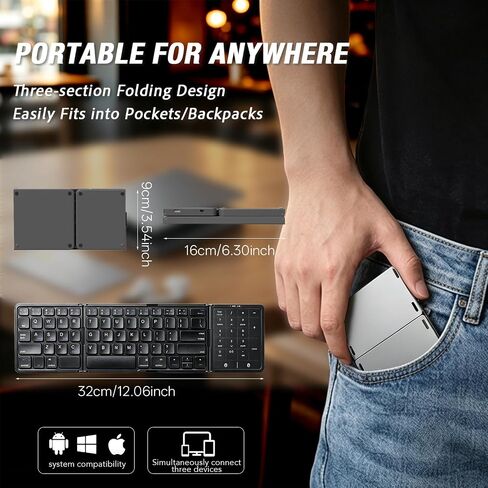 Bluetooth 5.0 Foldable Keyboard with Trackpad & Numpad, Full-Size Travel Portable Keyboard for iPad Tablet Laptop PC Smartphone Windows iOS Android in Saudi Arabia