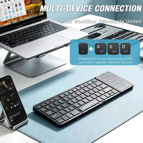 Bluetooth 5.0 Foldable Keyboard with Trackpad & Numpad, Full-Size Travel Portable Keyboard for iPad Tablet Laptop PC Smartphone Windows iOS Android in Saudi Arabia