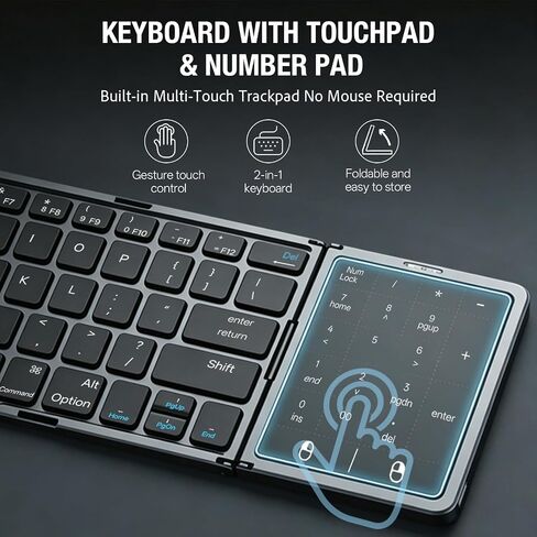 Bluetooth 5.0 Foldable Keyboard with Trackpad & Numpad, Full-Size Travel Portable Keyboard for iPad Tablet Laptop PC Smartphone Windows iOS Android in Saudi Arabia