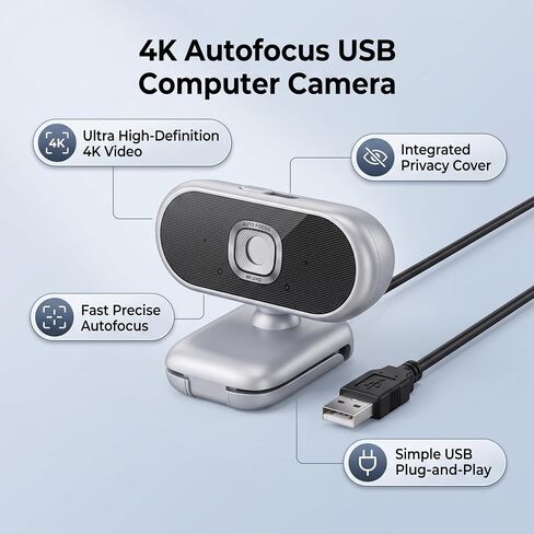 ASHATA 4K Autofocus USB Webcam Privacy Cover PlugandPlay for Desktop in Saudi Arabia
