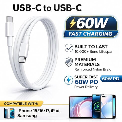 USB-C to USB-C 60W Fast Charging Cable, 3.3 ft, Nylon Braided in Saudi Arabia