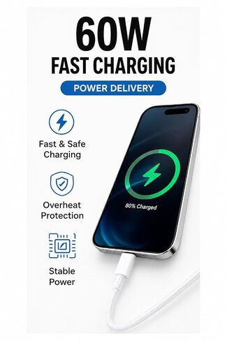 USB-C to USB-C 60W Fast Charging Cable, 3.3 ft, Nylon Braided in Saudi Arabia