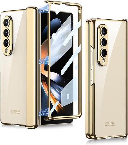 Transparent Plating Case for Samsung Galaxy Z Fold 4 Case with Screen Protector and Magnetic Hinge Protective,Full Protective Shockproof Anti-Yellow Crystal Clear Cover for Samsung Z Fold 4 (Gold) in Saudi Arabia