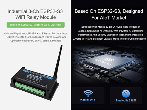8-Ch ESP32-S3 WiFi Relay Module Industrial Controller, Onboard 8-ch Relays, 8-ch Digital Inputs, Isolated RS485 and PoE ETH Port Interface, Supports RS485 and Bluetooth/WiFi Remote Control in Saudi Arabia