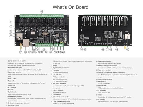 8-Ch ESP32-S3 WiFi Relay Module Industrial Controller, Onboard 8-ch Relays, 8-ch Digital Inputs, Isolated RS485 and PoE ETH Port Interface, Supports RS485 and Bluetooth/WiFi Remote Control in Saudi Arabia