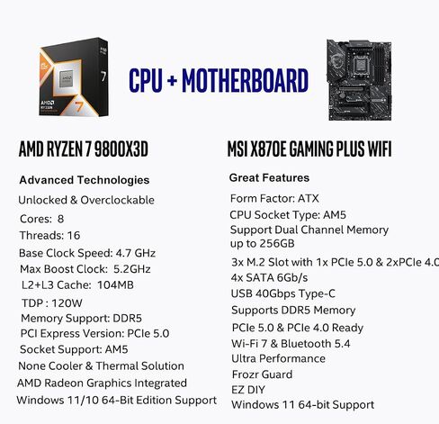 Micro Center CPU Motherboard Memory Combo: AMD Ryzen 7 9800X3D CPU Processor + MSI X870E Gaming Plus WiFi Motherboard + KLEVV Bolt V DDR5 32GB (2x16GB) 6400MHz CL30 Ram Memory White in Saudi Arabia