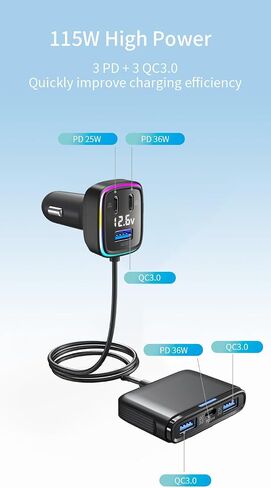 5FT Cable 115W 6-Port Multiport Car Charger, Cigarette Lighter USB Splitter in Saudi Arabia